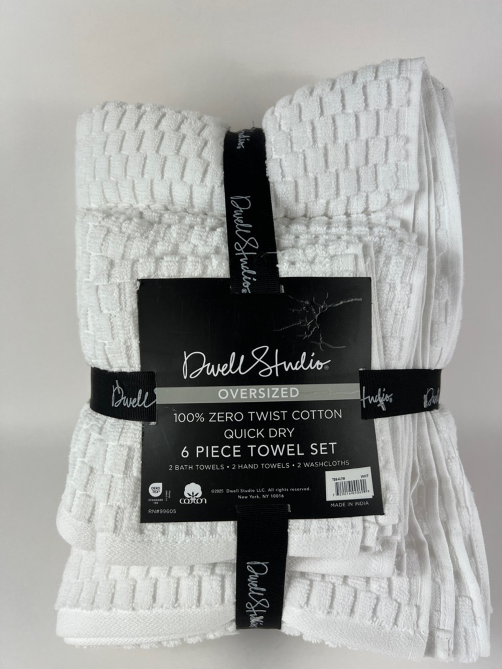 Dwell Studio Bath Towel Set 6 PC White Quick Dry 100% Zero Twist Cotton NEW